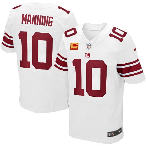 Men's Elite Eli Manning C Patch Nike Jersey White Road - #10 NFL New York Giants